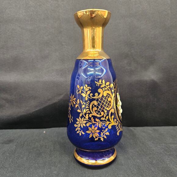 Hut Jakub Tasice Blue Cobalt Gilded Vase with Enamel Hand Painting Czech 8" - Picture 3 of 9